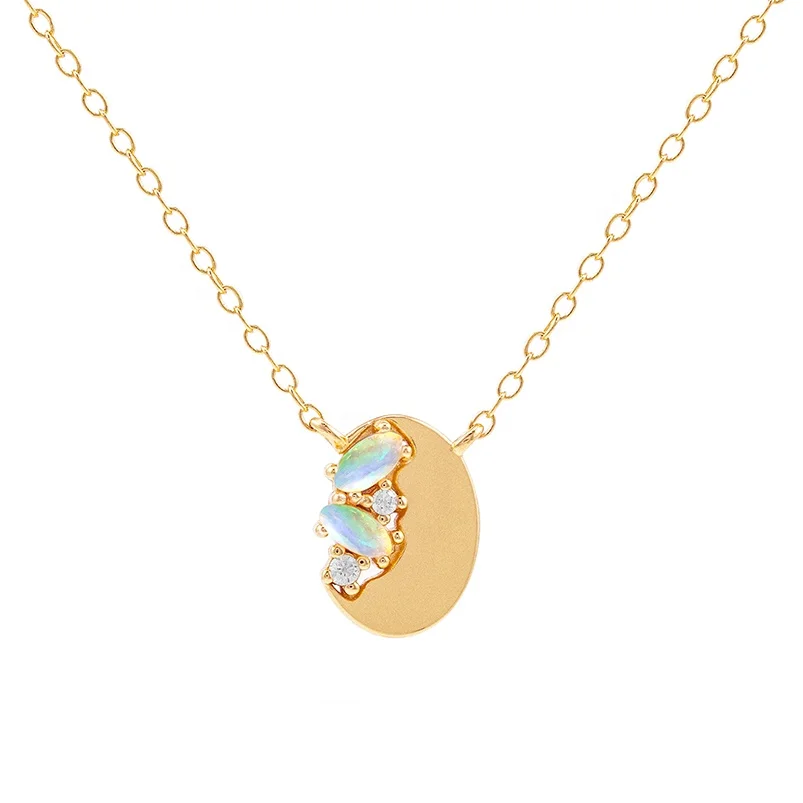 Gemnel Fine Chain Oval Disc Pendant Marquise Opal Charms Diamond 925 Sterling Silver Necklace
