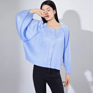 Autumn Women's Shirt Stylish Single-Breasted Long Sleeve Miyake-Inspired Pleated Cardigan Blouse Top