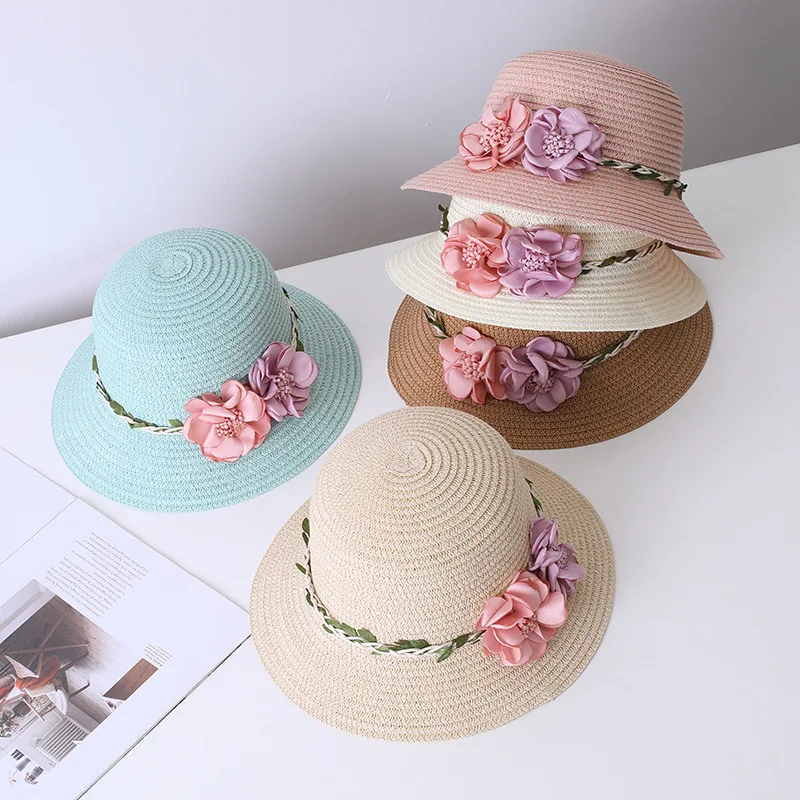 Go Party Summer Beach Travel Sun Hats for Kids Wide Brim Flower Straw Hat  Matching Visor Hat and Purse Set Handbag for Girls