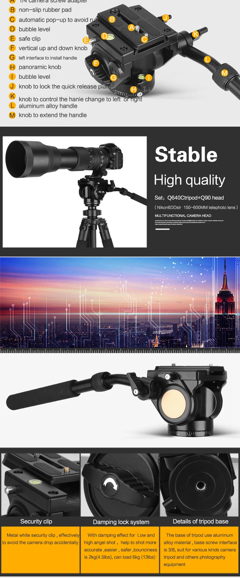 Pro QZSD Q90 DSLR Videl Tripod Head 18kg  Load Capacity Monopod Head For Telescope Les Three-way Handle Damping Handle Head
