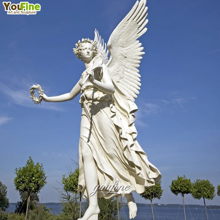 Large White Garden Marble Angel Statue with Big Wings - Hand
