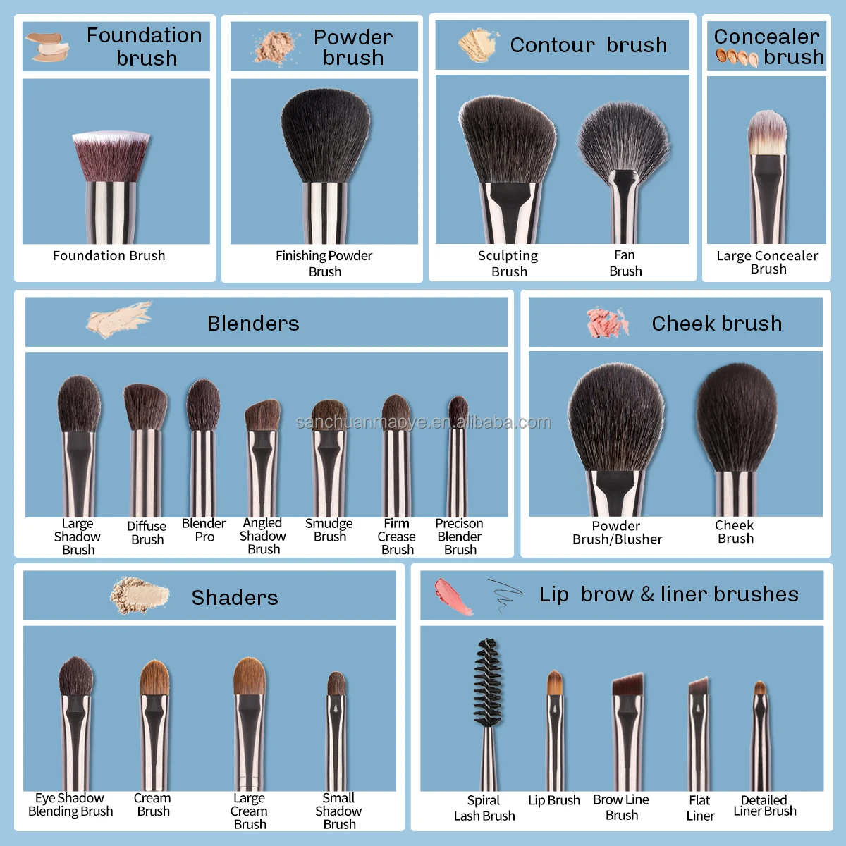 OVW Factory Makeup Brushes Set 24pcs Natural Goat Hair Powder Foundation Contour Blending Eyeshadow Eyeliner Makeup Tools