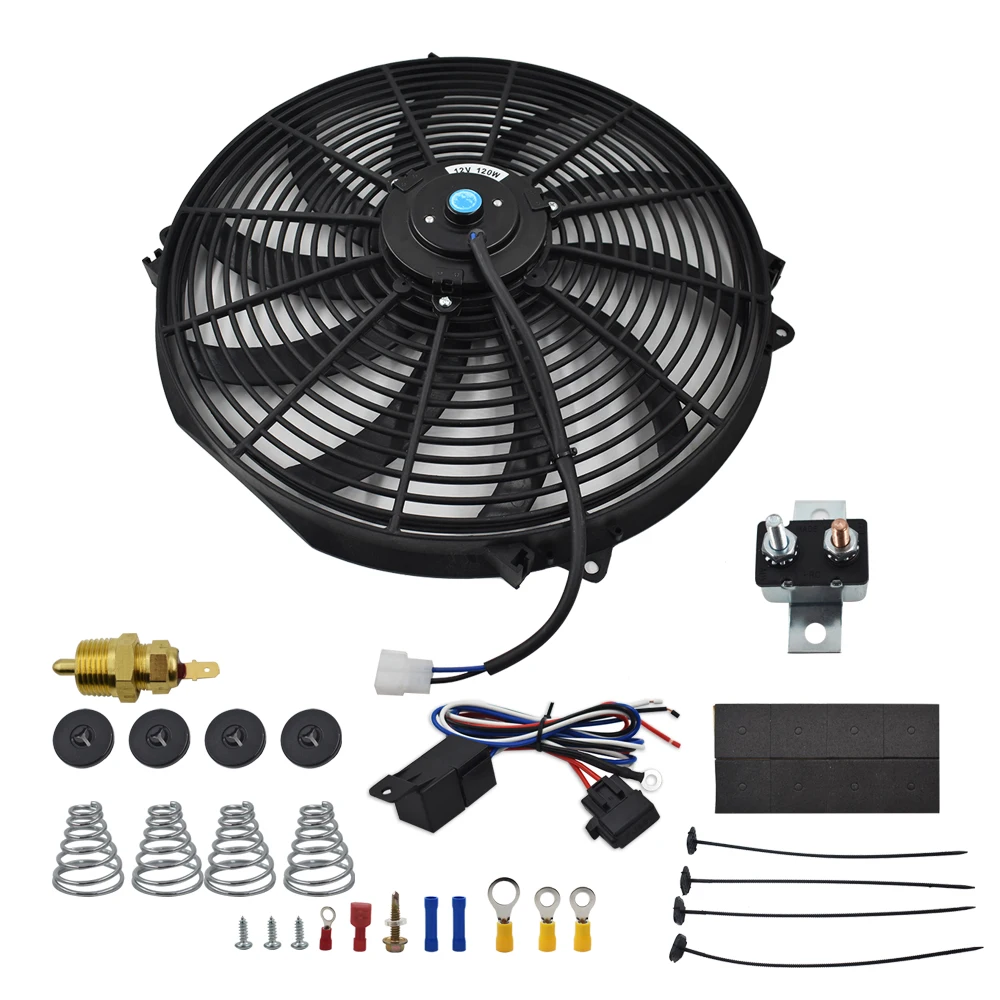 16Electric Radiator Cooling Fan High 3000 CFM Thermostat Wiring Switch Relay Kit Black 