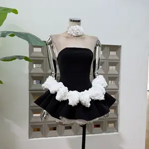 Bettergirl Fashion High Quality 2026 New Stylish Unique Mini Black Dress White Floral Mesh Velvet Elegant Evening Dress
