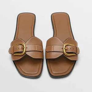 Wholesale Spring Women's Flat Slippers Fashionable Belt Buckle Slide Sandals Casual Beach Peep Toe Shoes Sandales Plates