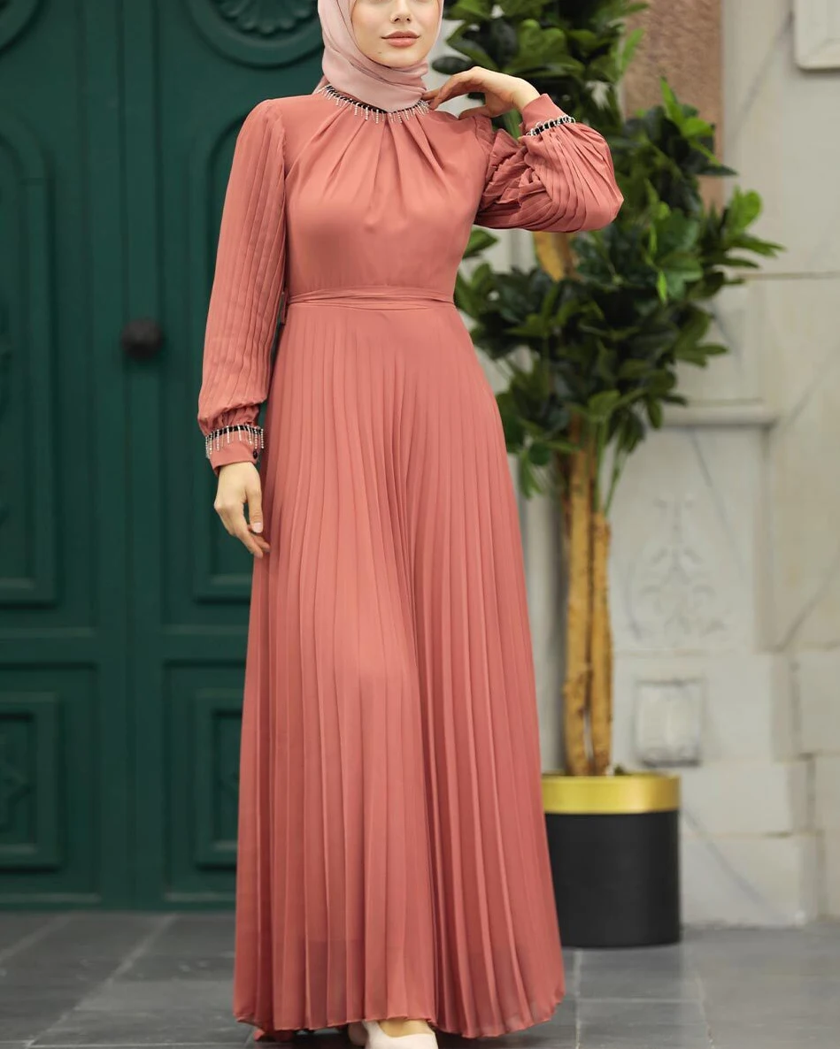 pleated dress muslimah middle eastern muslim print long pleated dress