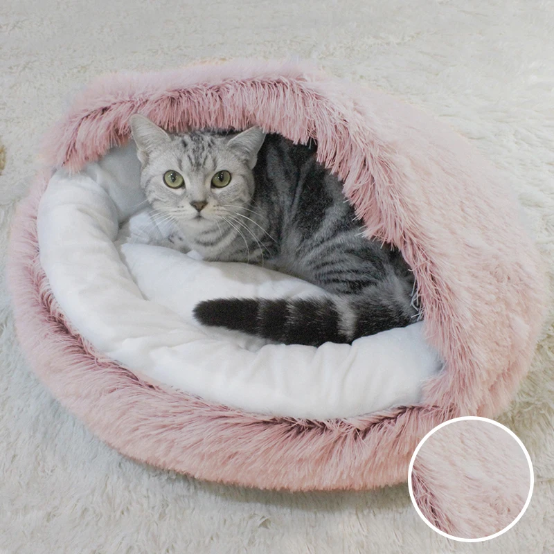 Winter Long Plush Cat Bed Round Pet House Cushion Cat House Warm Kitty ...