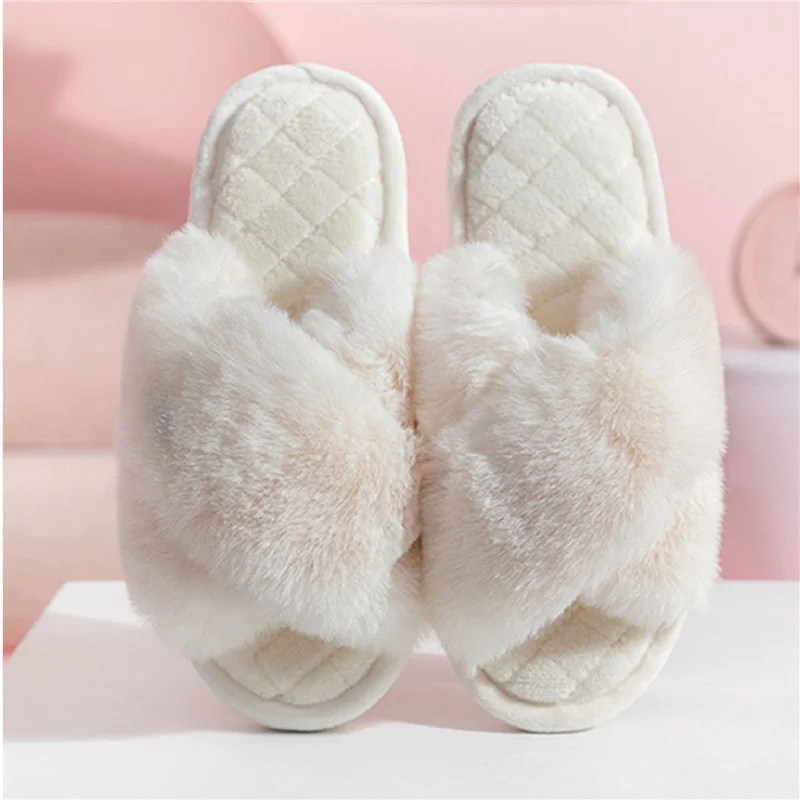 Winter Women House Slippers Faux Fur Slip on Flats