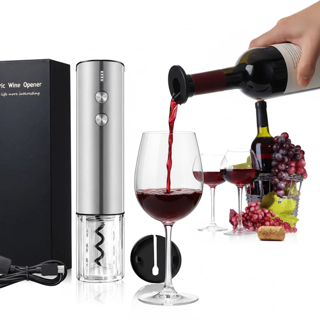 High Grade Eco-Friendly Rechargeable Electric Stainless Steel Wine Opener 2-in-1 Set for Home and Party