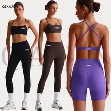 Women's New Design Seamless Bandeau Halter Bra Fitness Workout Leggings Shorts 3 Piece Breathable Yoga Gym Wear