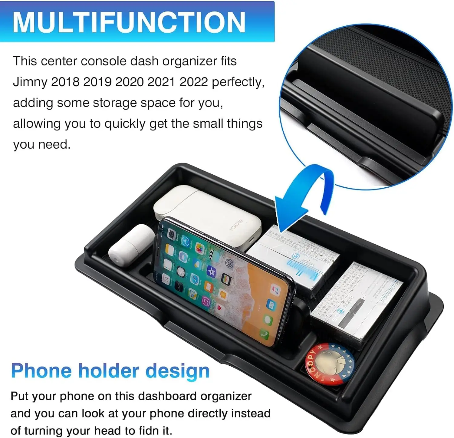 TELLIKA Dashboard Console Tray Storage Box Phone Stand Black Console Organizer for 2019 Suzuki Jimny JB64W JB74 Accessories