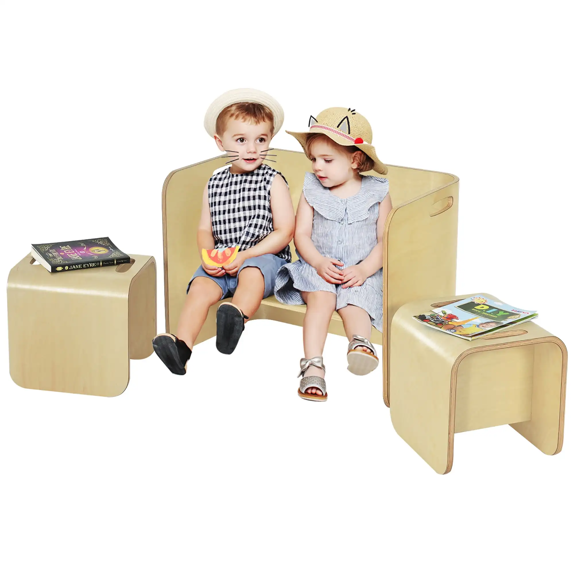 Meubles polyvalents pour l'école à la maison en bois courbé pour enfants, ensemble de table et de chaises en bois naturel pour enfants, 3 pièces