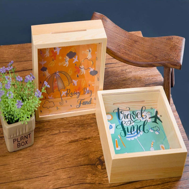 Копилка для хранения монет и денег взрослых декоративная коробка теней копилка с натуральной деревянной рамкой прозрачными стеклянными окошками