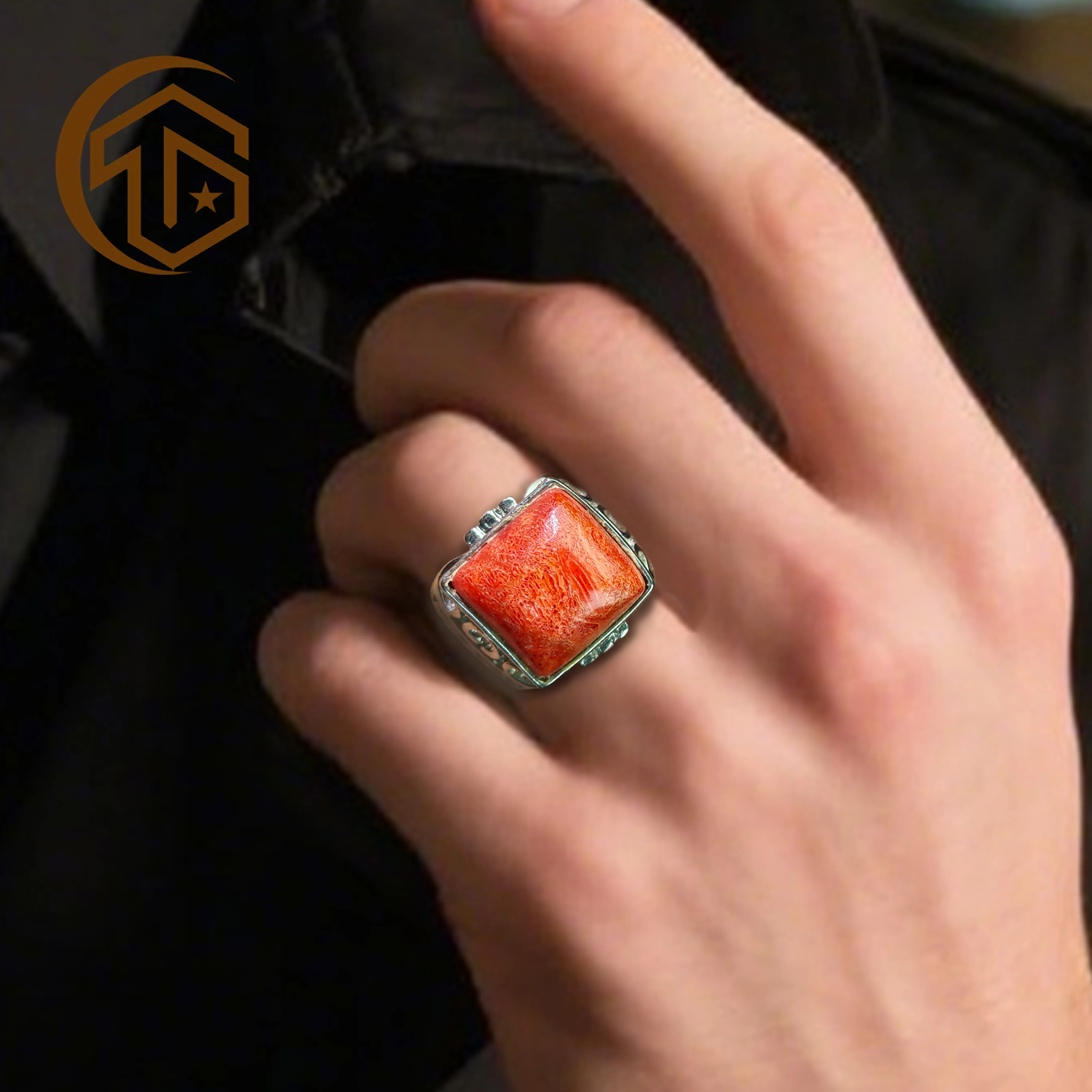 Trend Customizable Vintage Turkish Signet Ring High Quality 925 Silver with Red Coral Gemstone for Weddings