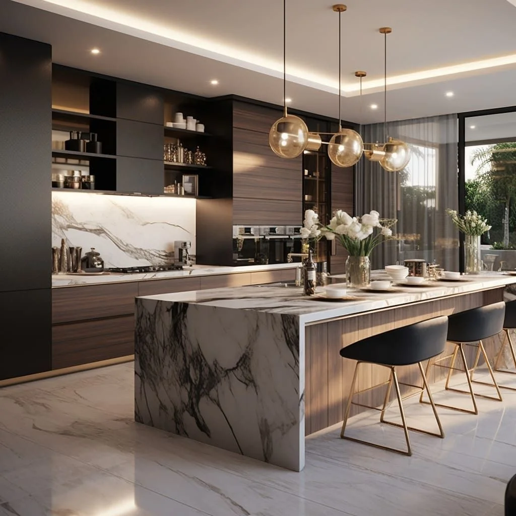 CBMmart Top Quality Waterfall Countertop Design Modern Style Kitchen Cabinets