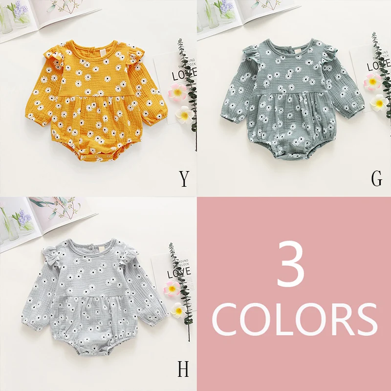 Spring Autumn Daisy Print Long Flutter Sleeve Bodysuit Small Flower