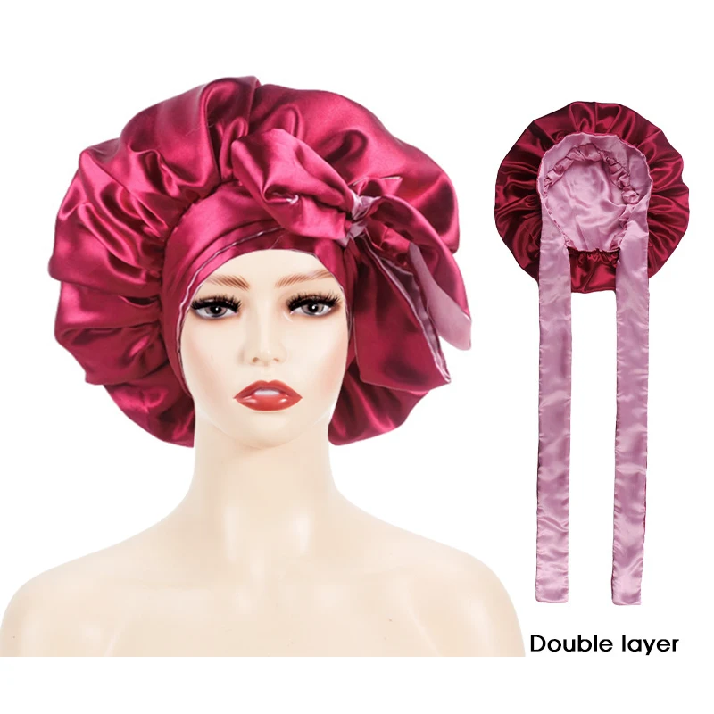 Low Moq Large Sleeping Hats Adjustable Silk Satin Hair Bonnet With Tie ...