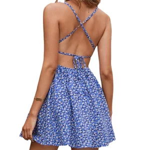 Custom Designer Female High Quality Fashion Summer Lace up Spaghetti Strap Yellow Casual Floral Print Cami Mini Women Dress 2026