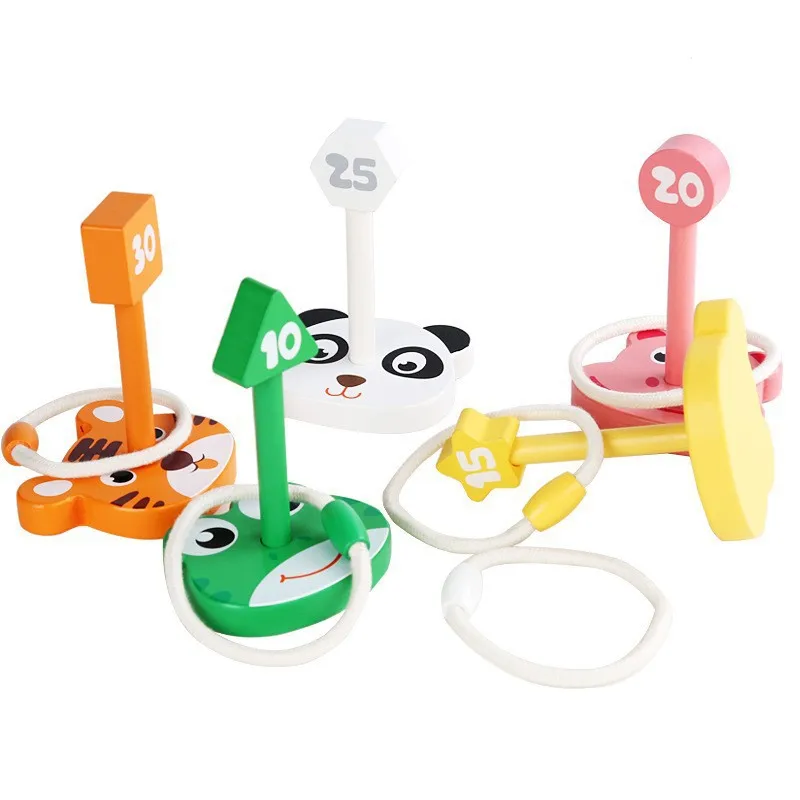 Wooden Ring Toss Game Set 5 Wood Pegs & Rope Rings Indoor Outdoor Family Games 