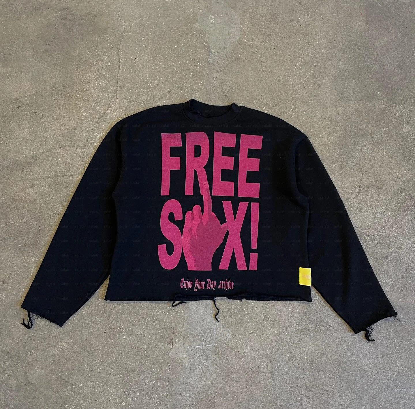 Custom Screen Print Label Cropped Drop Shoulder Crew Neck Pullover Unisex Cotton French Terry Distressed Raw Hem Sweatshirt Men gallery 2