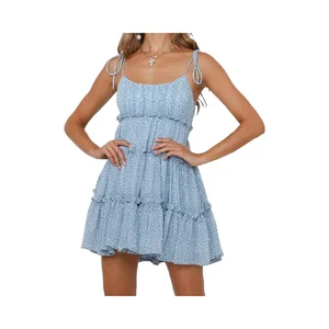 Summer Floral Boho Mini Dress Short Sleeveless Ruffle Spaghetti Strap Casual Natural Plain Dyed Skater Dress Digital Printed