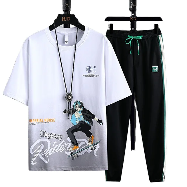 Hip-hop sports suit men's fashion brand summer T-shirt casual trousers handsome youth style