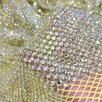 SH008 wholesale Yellow Crystal Elastic Net Mesh Fabric Inlaid Square Rhinestones for Sewing Clothes