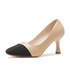 Beige & Black Two-Tone Microfiber Round Toe Stiletto Heels, Slip-On Club Pumps for Summer