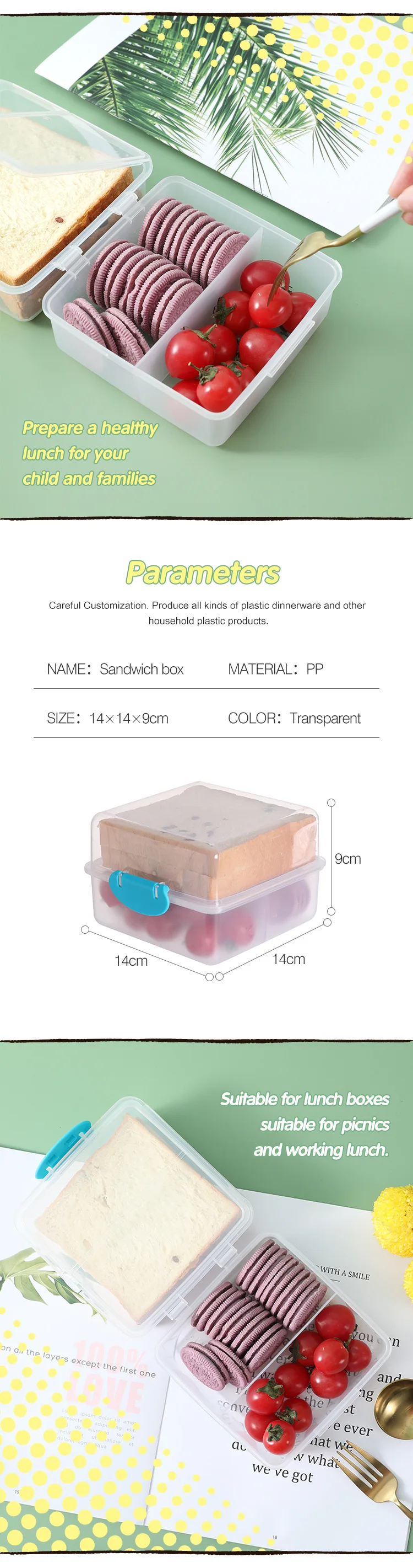 Outdoor square bento box Transparent sorting food box Toast student office lunch Snack box supplier