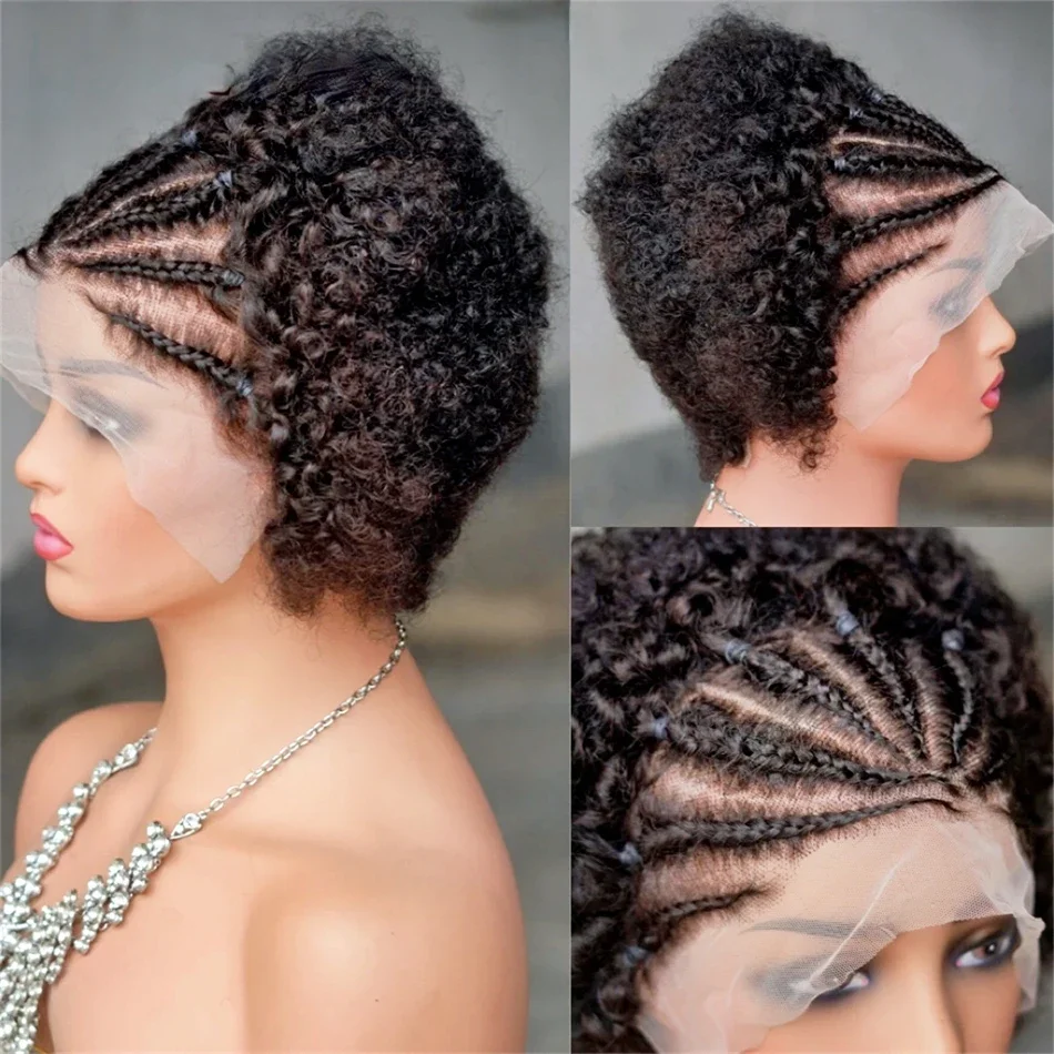 220 Density Afro Kinky Curly 13x4 Lace Front Braided Human Hair Wigs Short Curly Wig Women Explosive Head Baby Hair_voghion.com