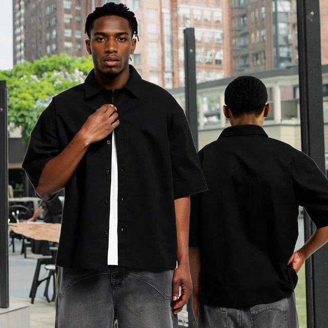 Men's 2025 New Design Casual Black Shirt Custom Short Sleeve Loose Stylish Oversize Shirts for Summer