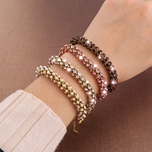 Adjustable Handmade Stainless Steel Bracelet with Rhinestones Stylish Crystal Bangle for Women Fashion Jewelry