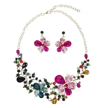 Alloy Necklace Multicolor Flower Zircon Accessory Gold Plated Lady Costume Alloy Jewelry Set