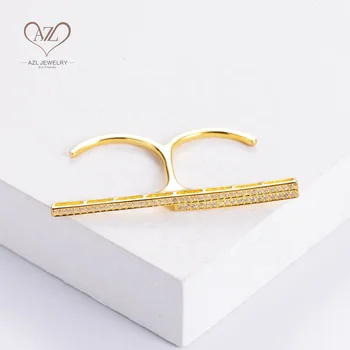 AZL cincin wanita statement jewelry gold plated brass 925 silver two finger diamond rings women