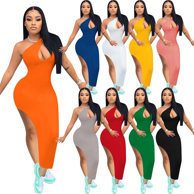 Best Design Summer Dress 2021 Casual Solid One Shoulder Holes High Slit Fashion Women Long Dresses