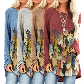 Wholesale Fashion Loose Women's Shirt Round Neck Long Sleeve Cat Pattern Digital Printing Blouse