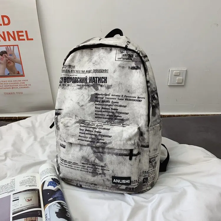 Trendy Personality Inkjet Letter Newspaper Pattern Students College School Bags Casual Sports Backpacks