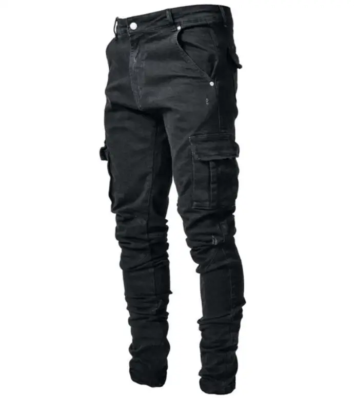 Factory custom jeans Black blue denim Cargo pants multi pocket slim fit Men's overalls jeans