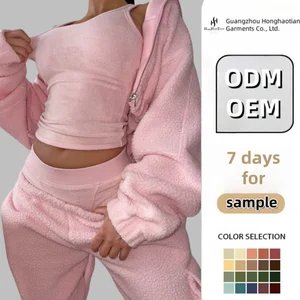 Custom Winter Sherpa Fleece Jacket and Cargo Pants Two Piece Set Lounge Wear Long Sleeve Zip up Warm Thick Jogger 2 Piece Set