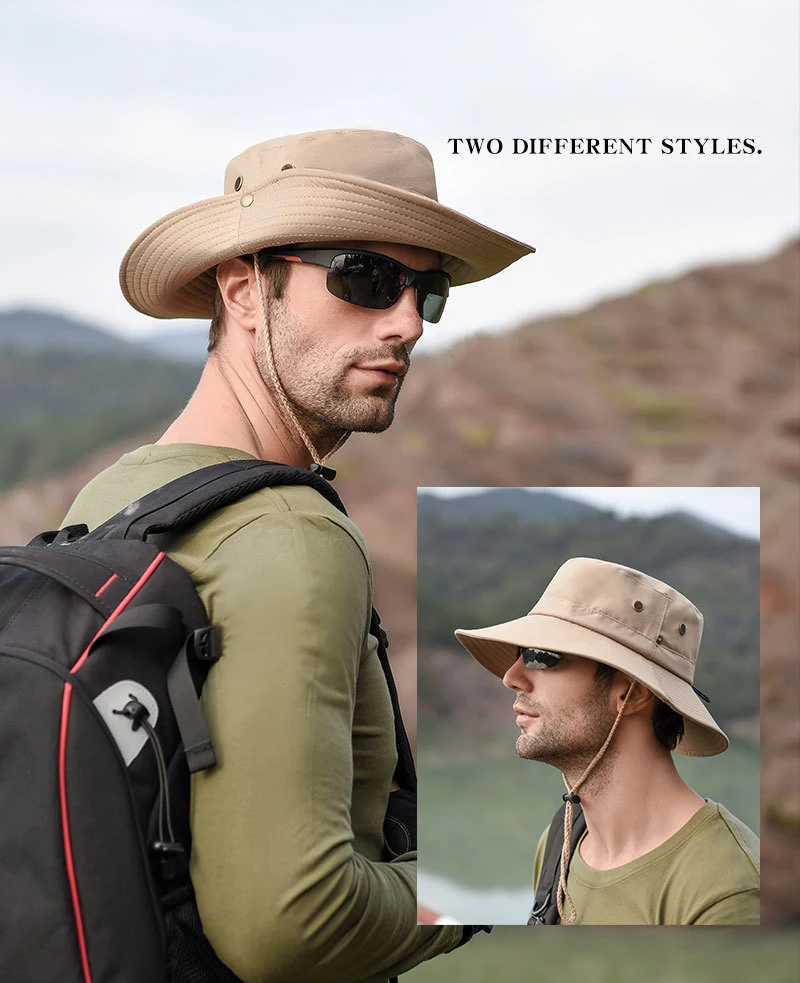Outdoor Men's Sun protection Big Brim Breathable Sun Hat Fishing Bucket Hat Hiking Cap