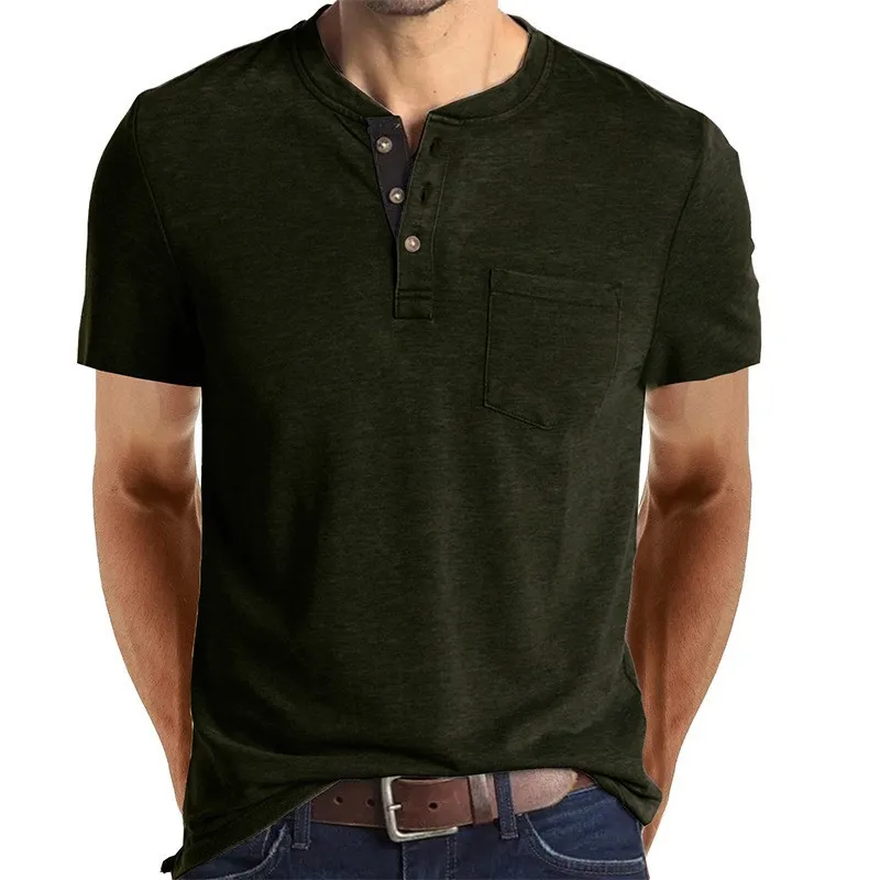2023 Summer new button men's short sleeve t-shirt solid color loose collar polyester t shirt261_voghion.com