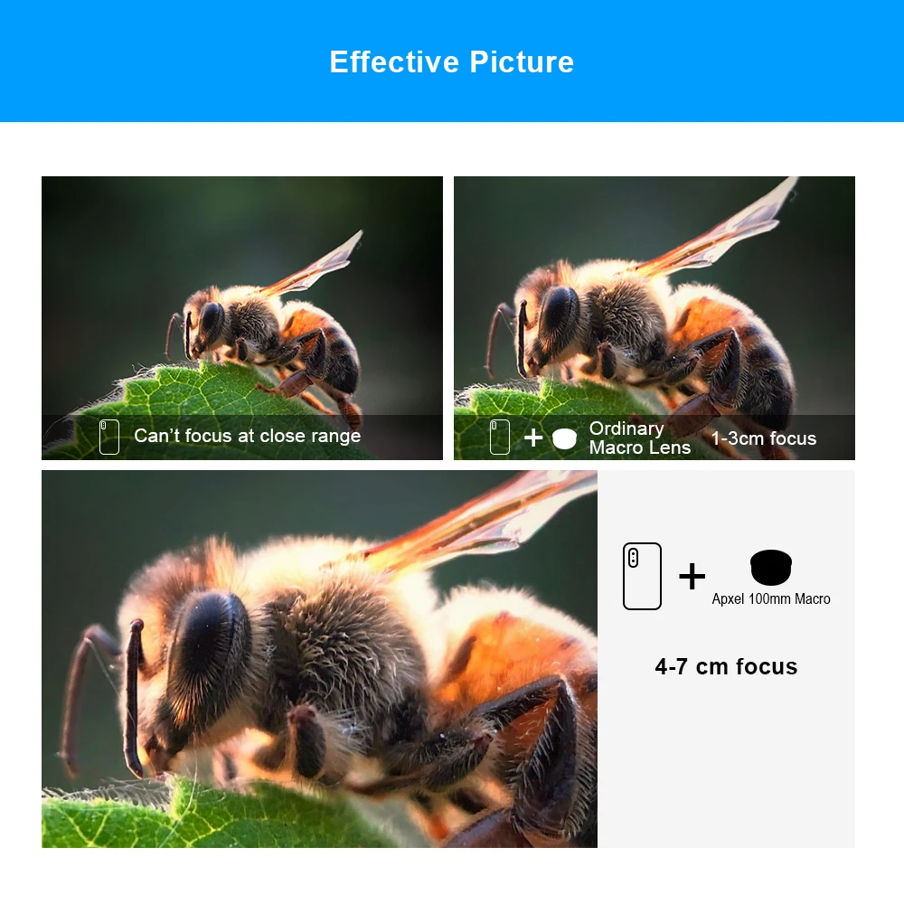 Apexel Universal Clip on 4K HD 100mm Macro Lens Phone Camera Lens for iPhone and Android with Bag