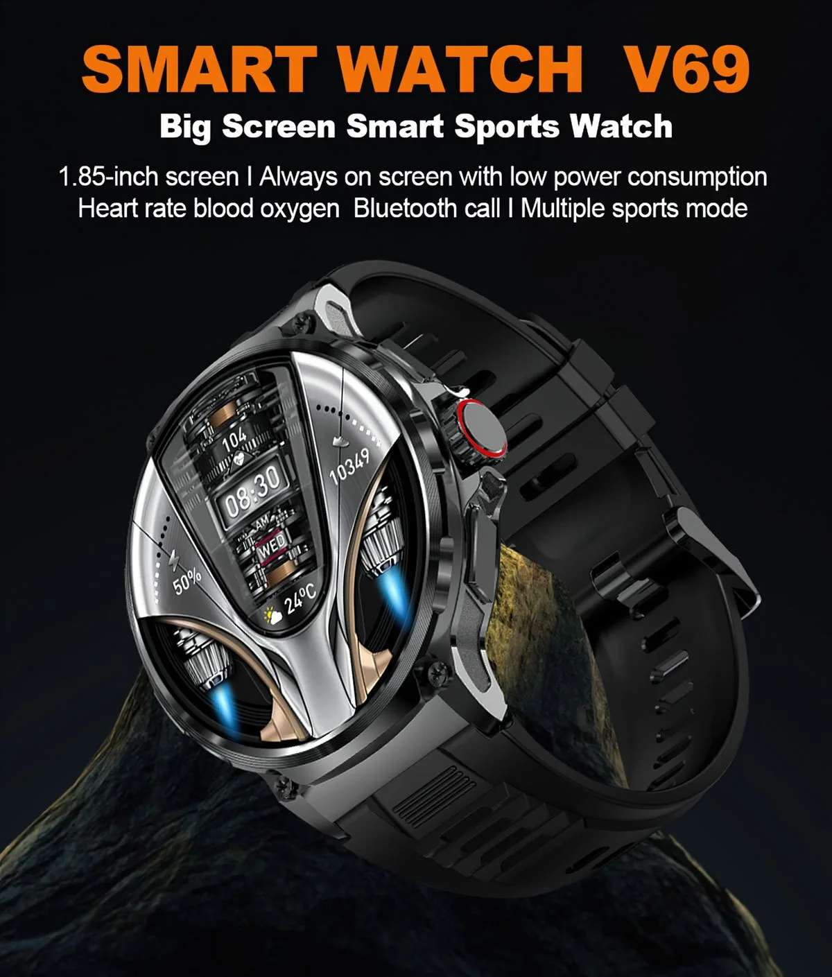 V69 Smart Watch HD Large Screen Full Touch 710mAh Big Battery  Outdoor Sports Waterproof BT Calling Smartwatch
