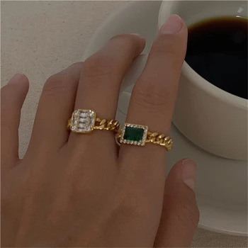 3 Designs Green Cubic Zircon Square Diamond Rings Link Soft Chain Plain Geometric Copper Rings for Women Vintage Gold Jewelry
