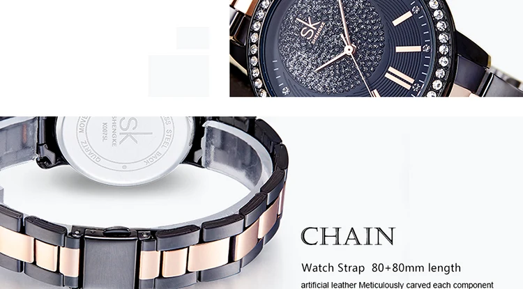 Shengke Rose Gold Relogio Feminino Japanese Quartz Watch for Women Crystal Luxury Black Women's Watch With 6 Months Warranty