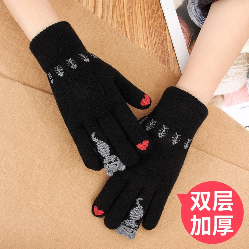 Vintage Christmas Deer Knitted Gloves Women Thicken Touch Screen Gloves Winter Warm Snow Full Finger Mittens Xmas Gift Women Fin