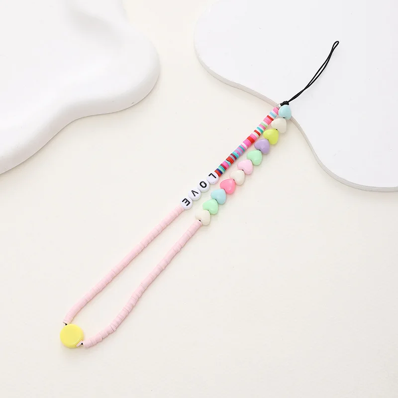 Новинка, ремешок для мобильного телефона с бусинами, ремешок для женщин, разноцветные буквы, любовь, фрукты, звезда, мягкая глиняная веревка для мобильного телефона, подвесная подвеска