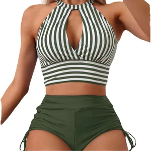 Wholesale New Plunge Neck Solid Plus Size Breathable Quick Dry Removable Padded Swimdress High Waist 2 Piece Set Swimsuit