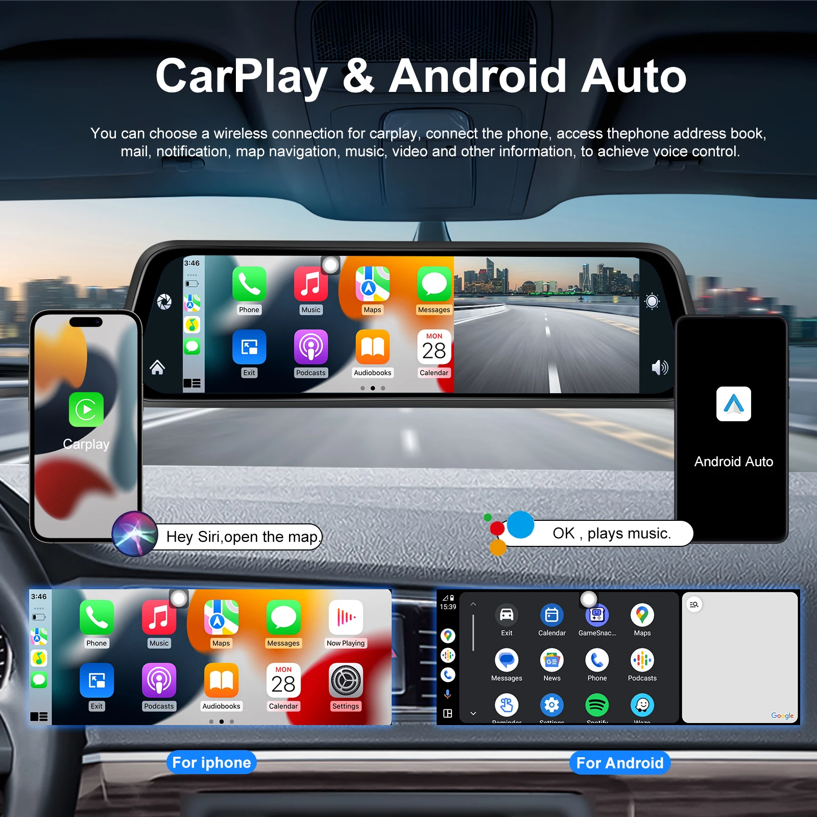 4K Carplay Android Auto Scherm Draagbare 10,26 Inch Carplay Screen met 350° Draaibare Frontcamera Wireless Carplay Android Auto Display met Bluetooth Mirror Link Siri Google Navigatie 64GB-Kaart
