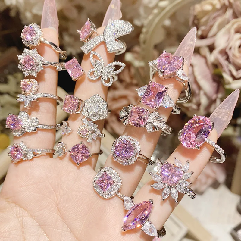 Luxury Fine Jewelry Pink Rhinestone Crystal Love Heart Engagement Ring  Bling Iced Out Cubic Zirconia Camellia Flower Ring